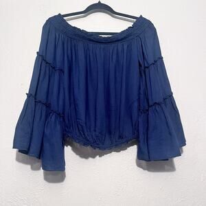 Free People Women’s Off The Shoulder Bell Sleeve Crop Top‎ Blue Blouse Size S